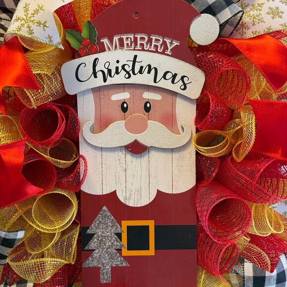 Santa Clause Deco Mesh Christmas Wreath - 24" - Picture 3 of 4